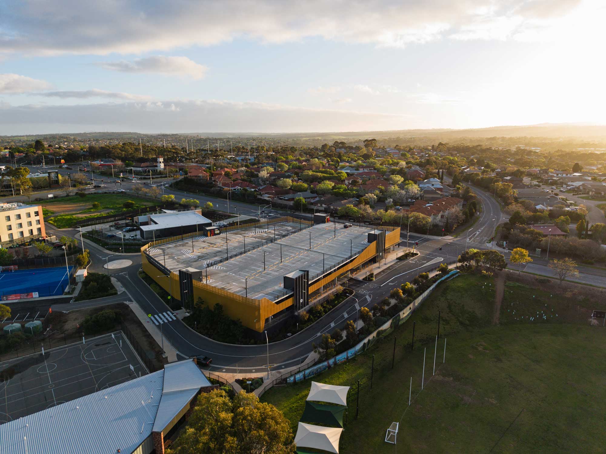 Aerial view of an Australian public precinct at sunset